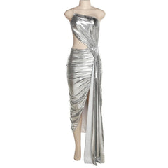 Metallic-Maxikleid mit unregelmäßigem Rücken und One-Shoulder-Träger