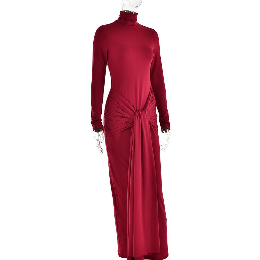 Ruched solid long sleeve turtle neck self tie maxi dress