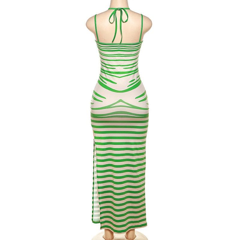 Slit halter self tie striped backless body print maxi dress