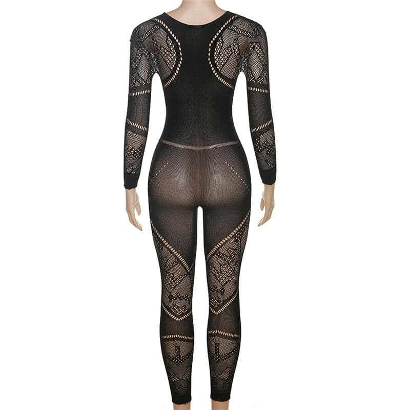 Crewneck fishnet long sleeve hollow out solid see through jumpsuit