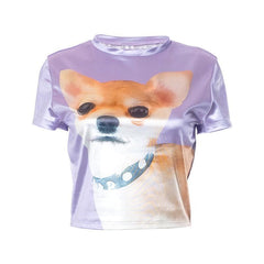 Dog pattern contrast short sleeve crewneck crop top