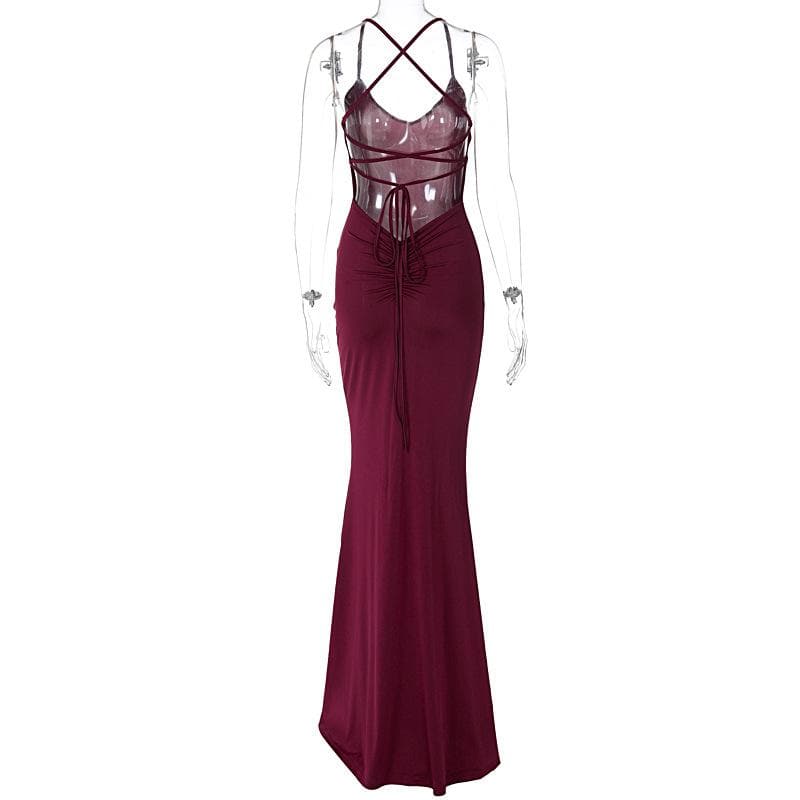 Ruched solid backless cross back v neck lace up maxi dress