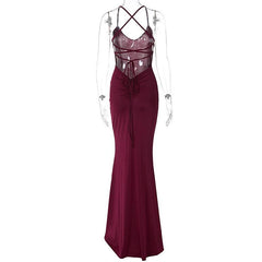 Ruched solid backless cross back v neck lace up maxi dress