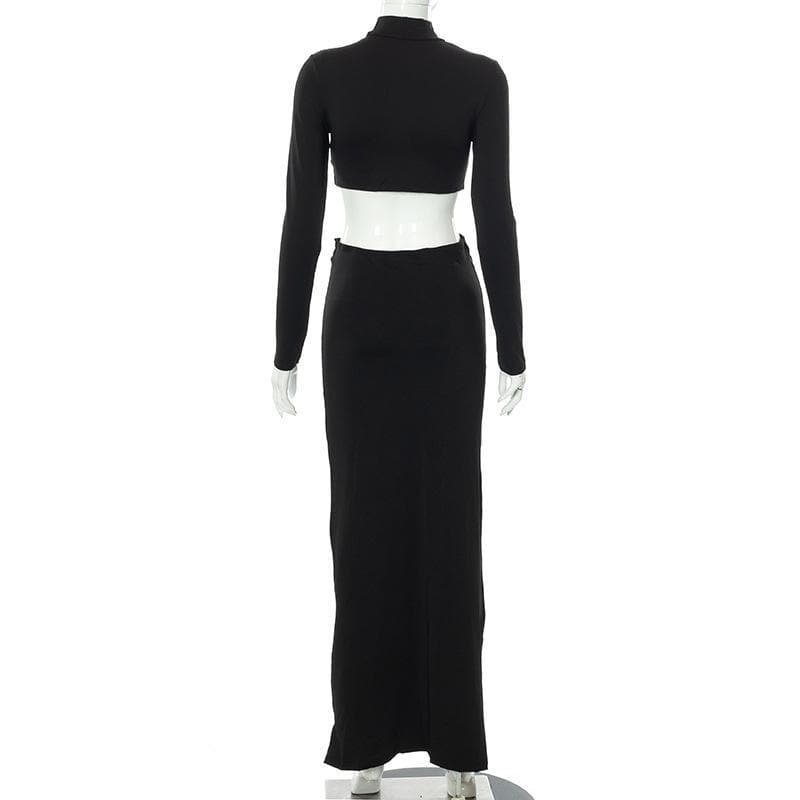 High neck long sleeve ruched solid maxi skirt set