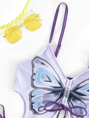 Traje de baño tipo bikini de tirantes con cordón ajustable en contraste y estampado de mariposas 