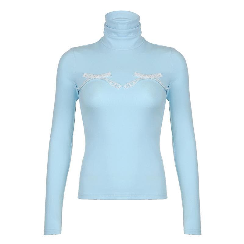 Bowknot applique contrast turtle neck long sleeve top