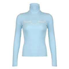 Bowknot applique contrast turtle neck long sleeve top