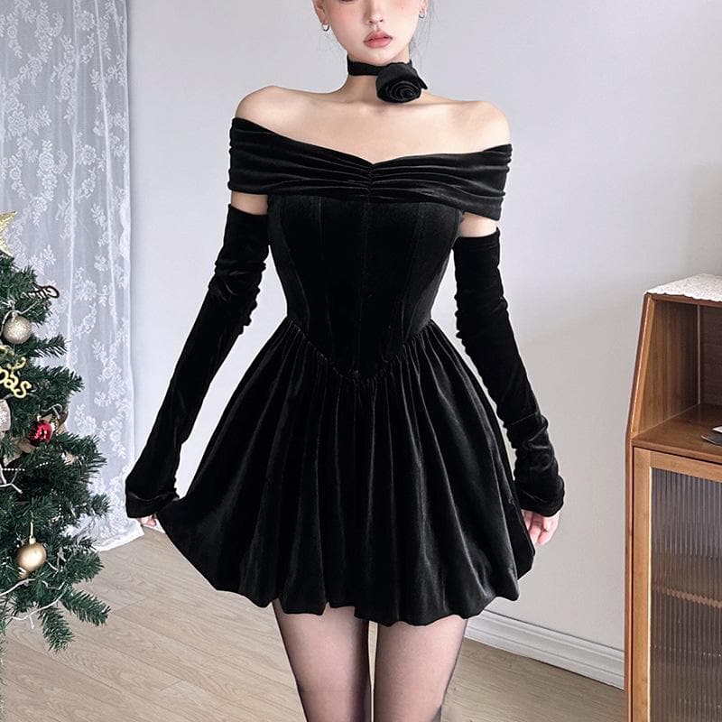 Velvet ruched zip-up off shoulder long sleeve solid mini dress