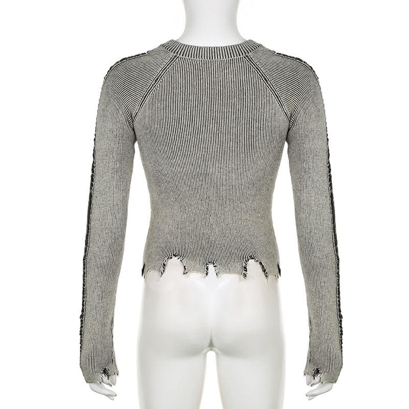 knitted contrast irregular long sleeve crewneck top