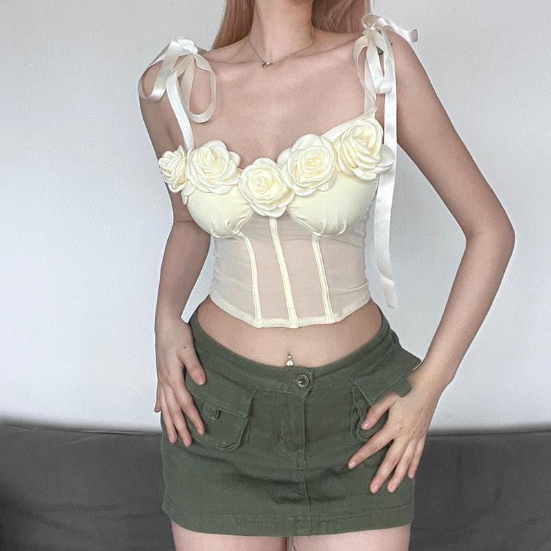 Rückenfreies Bustier-Crop-Top aus Netzstoff mit Blumenapplikation zum Selbstbinden