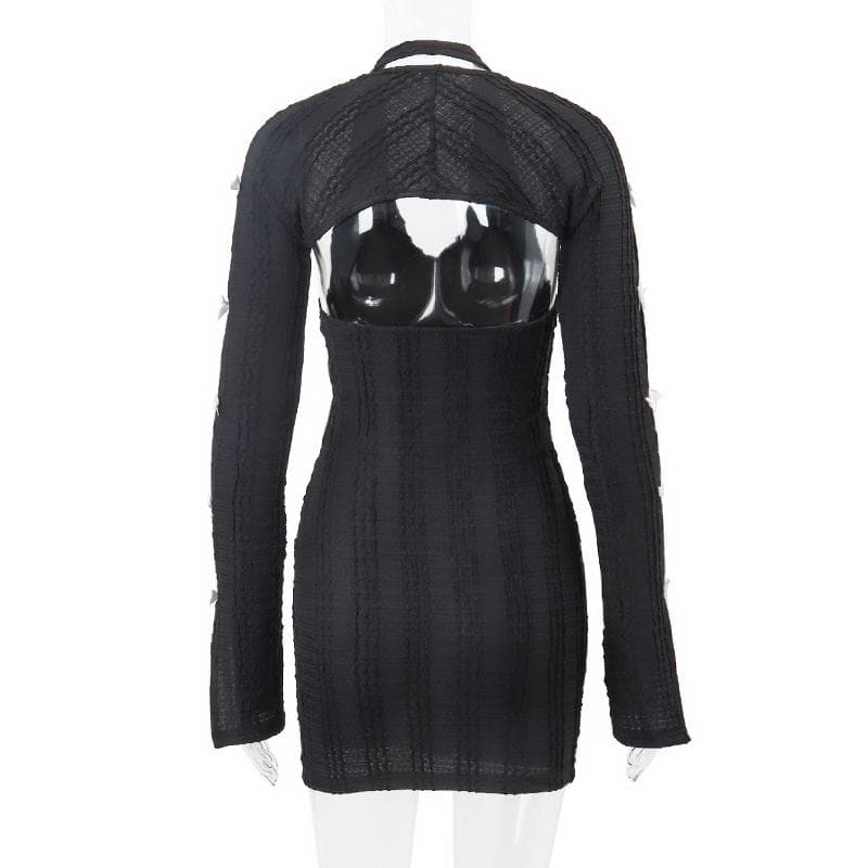 Long sleeve bowknot slit halter v neck textured shrug mini dress