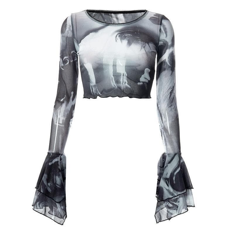 Crop-Top mit Rundhalsausschnitt und transparentem Netzstoff-Print