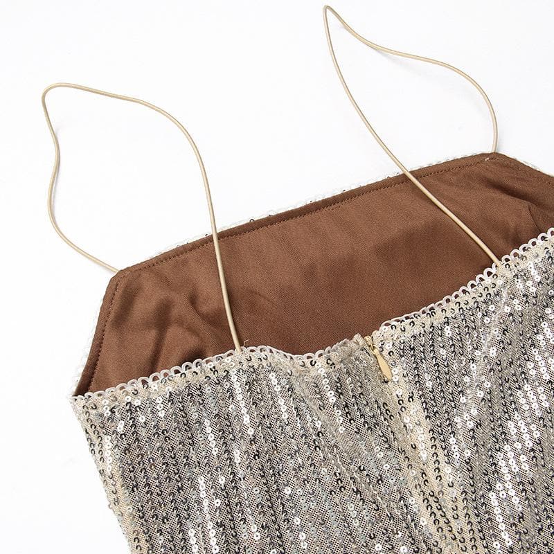 Rückenfreies Midikleid mit glitzernden Spaghettiträgern, Reißverschluss und Schlitz 