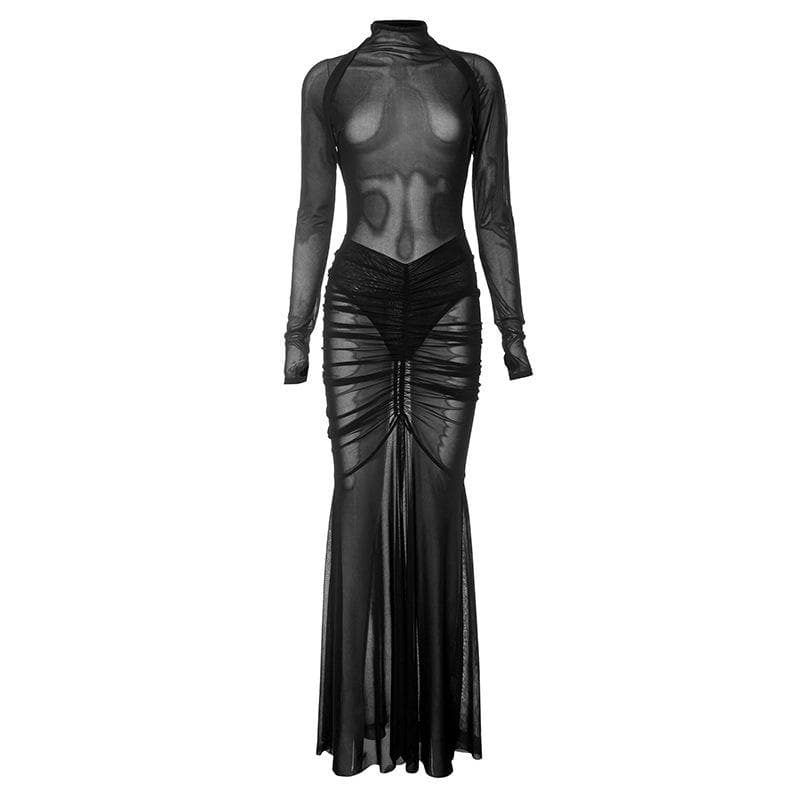 High neck long sleeve ruched sheer mesh see through bodysuit maxi skirt set