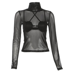 High neck button cross front long sleeve mesh solid crop top