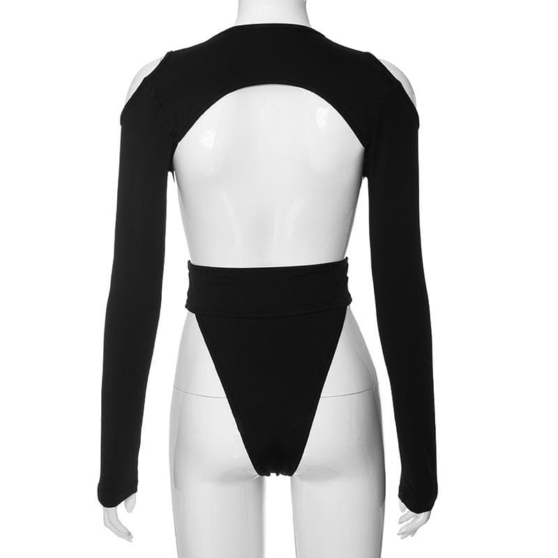 Hollow out long sleeve v neck backless solid bodysuit