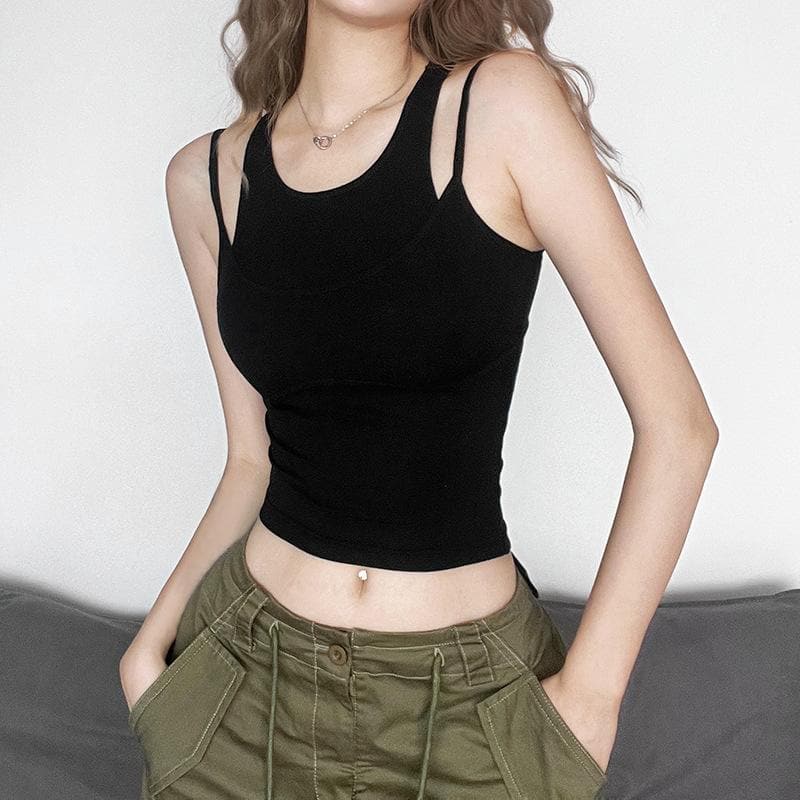 Patchwork sleeveless solid round neck crop top