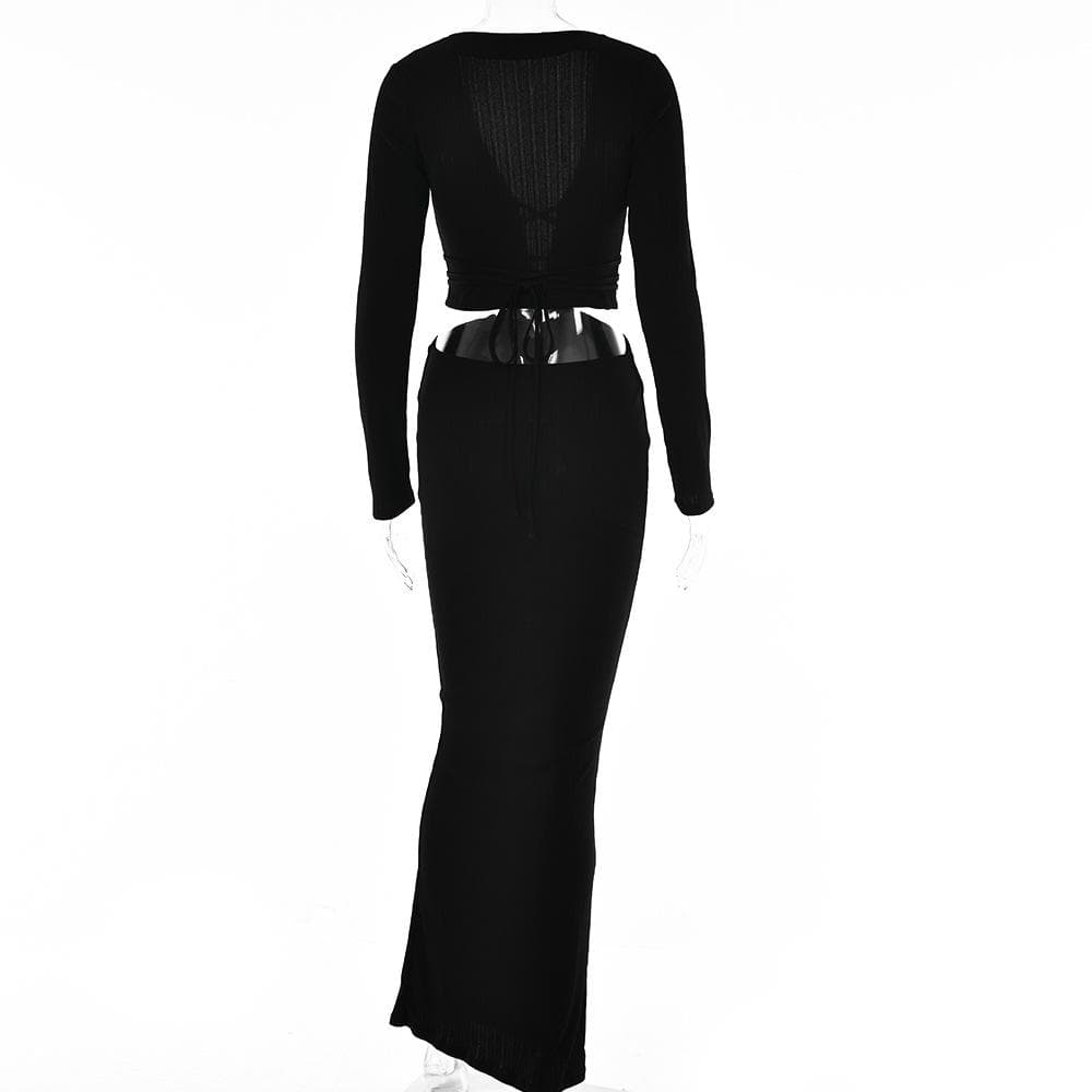 Long sleeve solid v neck hollow out self tie maxi dress