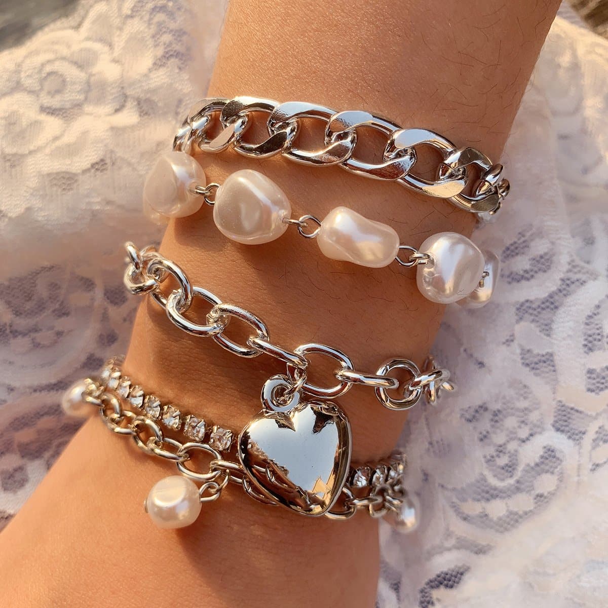 Pulsera de 5 piezas con cadena de perlas y diamantes de imitación 