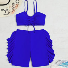 Ruffle drawstring solid cami bikini pant swimwear