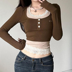 Lace hem contrast patchwork long sleeve button top