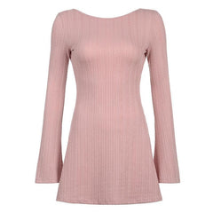 Long sleeve solid textured backless mini dress