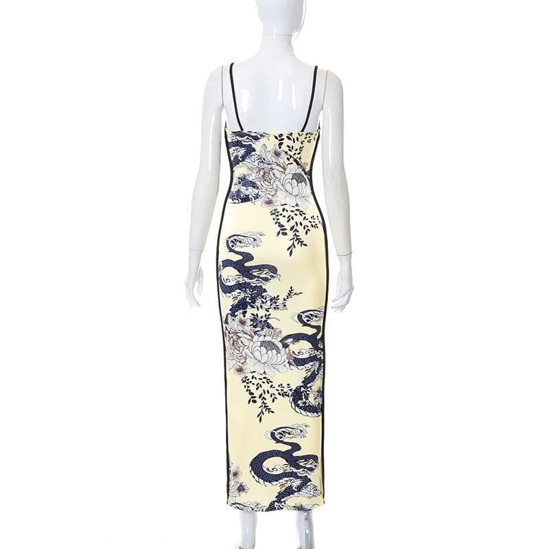 Dragon pattern v neck contrast backless cami maxi dress