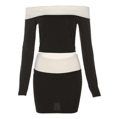 Contrast patchwork off shoulder long sleeve mini skirt set