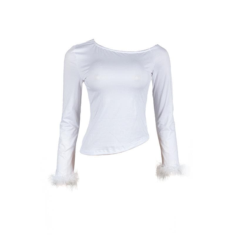 Long sleeve irregular solid feather round neck top