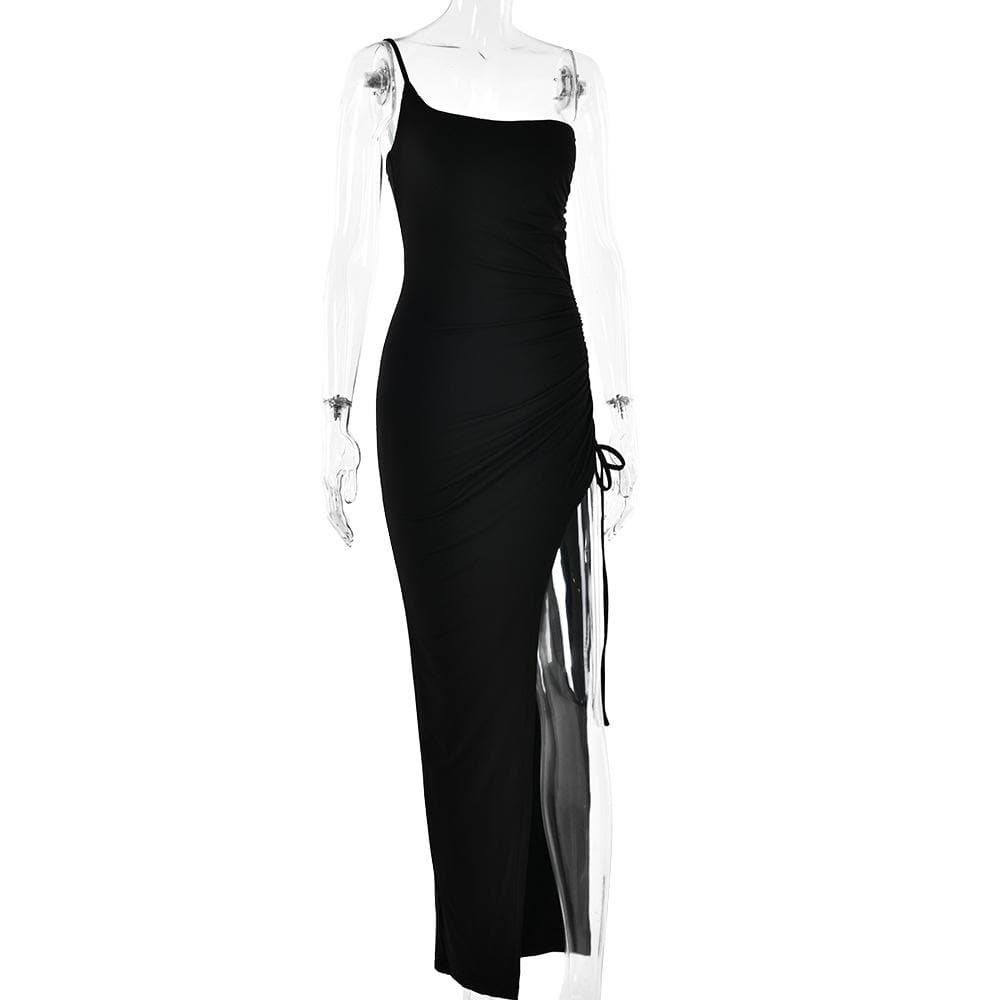 One shoulder irregular self tie solid slit ruched maxi dress