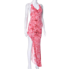 Mesh tie dye irregular contrast halter backless ruched maxi dress