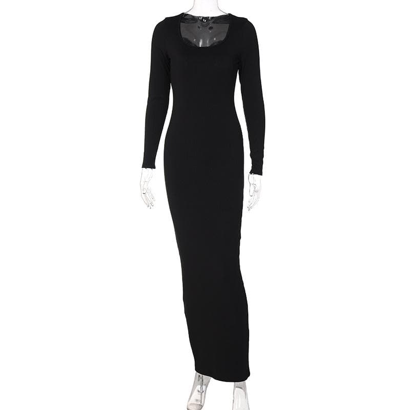 Long sleeve solid u neck maxi dress