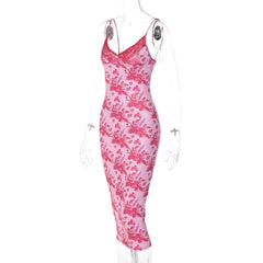 Flower print lace hem v neck contrast backless cami midi dress
