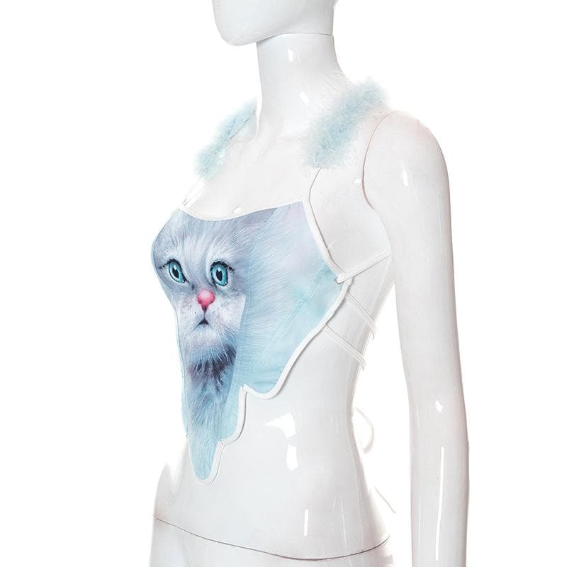 Neckholder-Crop-Top mit Katzenprint und offenem Rücken und Federn zum Selbstbinden