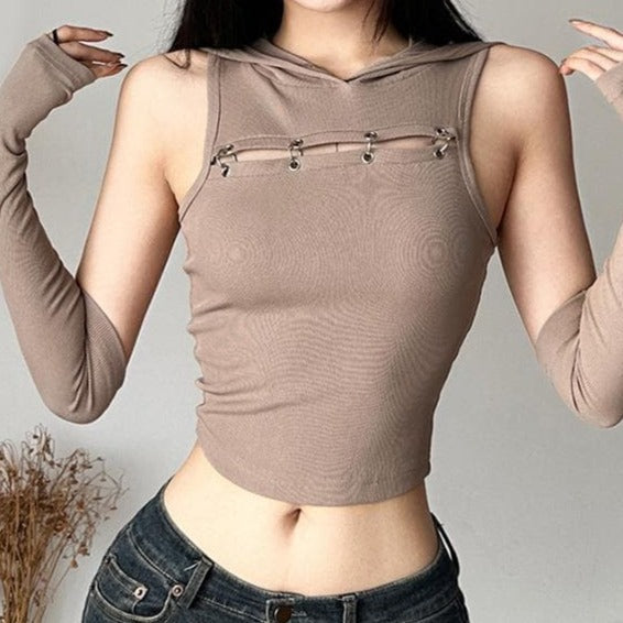 Gloves sleeveless solid hoodie o ring crop top