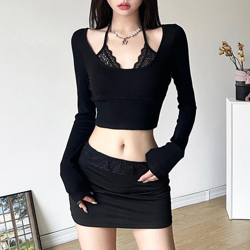 Lace patchwork halter long sleeve solid crop top