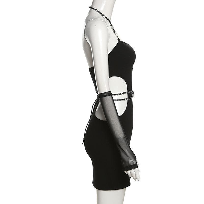 Hollow out side metal chain halter mesh gloves dress