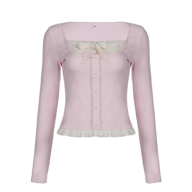 Lace patchwork long sleeve button contrast ruffle top