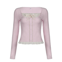 Lace patchwork long sleeve button contrast ruffle top