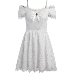 Hollow out off shoulder short sleeve cross applique bowknot lace hem mini dress