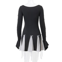 Long flared sleeve bowknot self tie u neck contrast patchwork mini dress