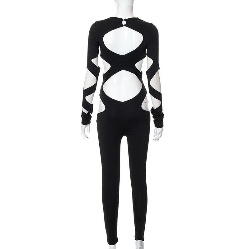 Hollow out long sleeve crewneck solid jumpsuit