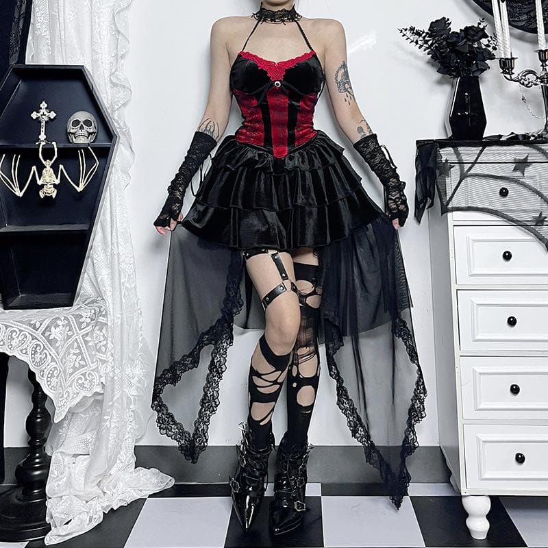 Velvet ruched solid lace hem mesh mini skirt | victorian gothic dresses