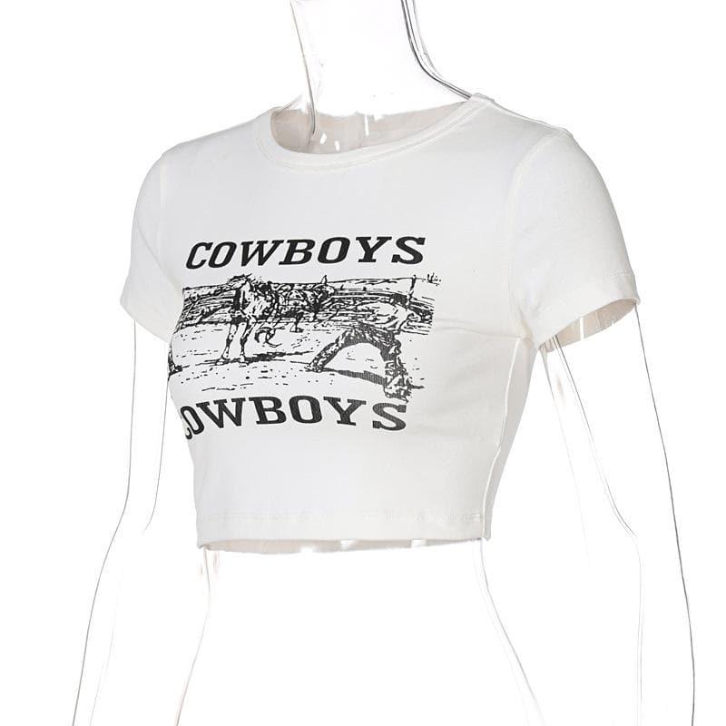 Kurzärmliges Crop-Top mit Rundhalsausschnitt und „COWBOYS“-Print