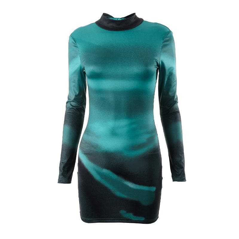 High neck long sleeve self tie backless gradient mini dress