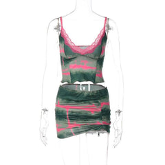 Tie dye v neck lace hem ruched cami mini skirt set - Final Sale