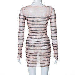 Long sleeve striped print sheer mesh crewneck ruffle mini dress