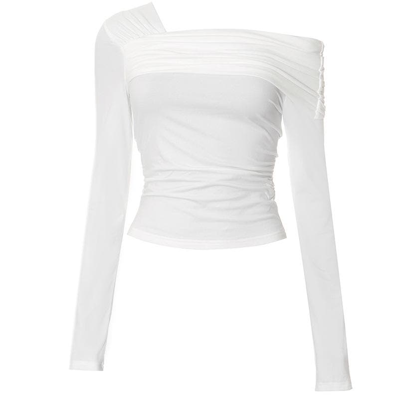 Ruched long sleeve off shoulder solid irregular top