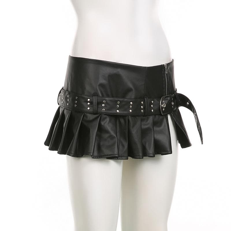 Buckle zip-up pleated low rise PU leather mini skirt