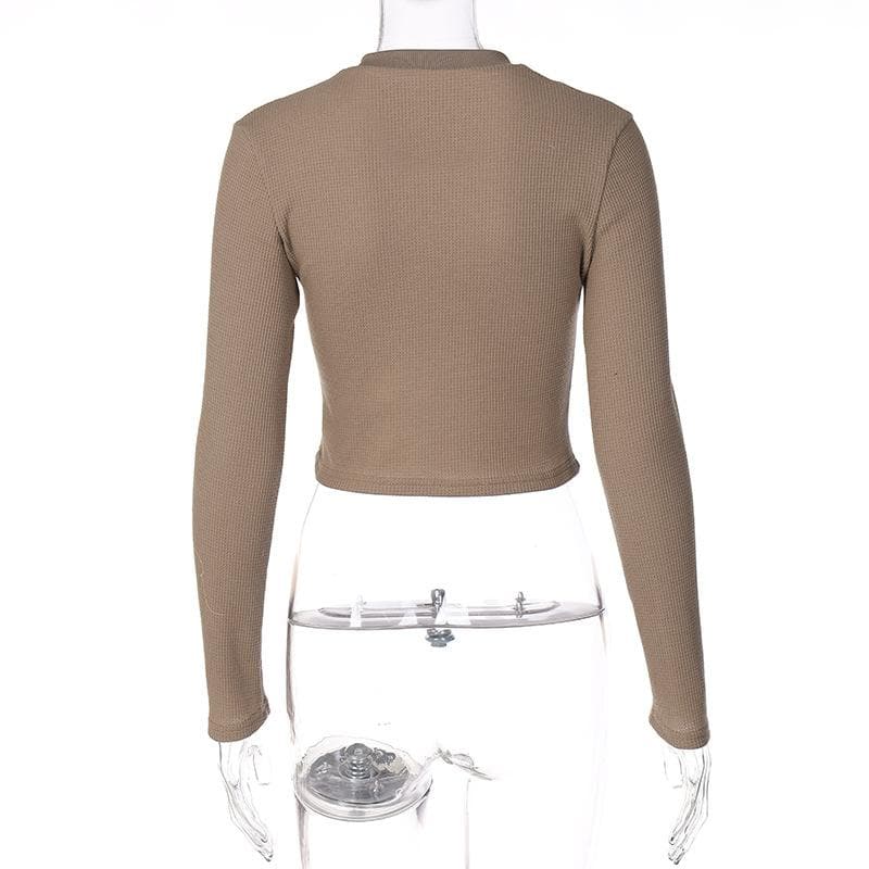 Long sleeve notch neck contrast cross pattern textured crop top